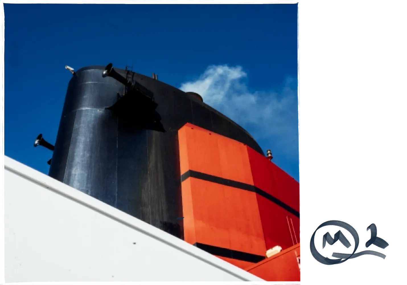 The black and red funnel of Queen Mary 2 against a deep blue sky, set in a hand-drawn black frame with a monogram mark