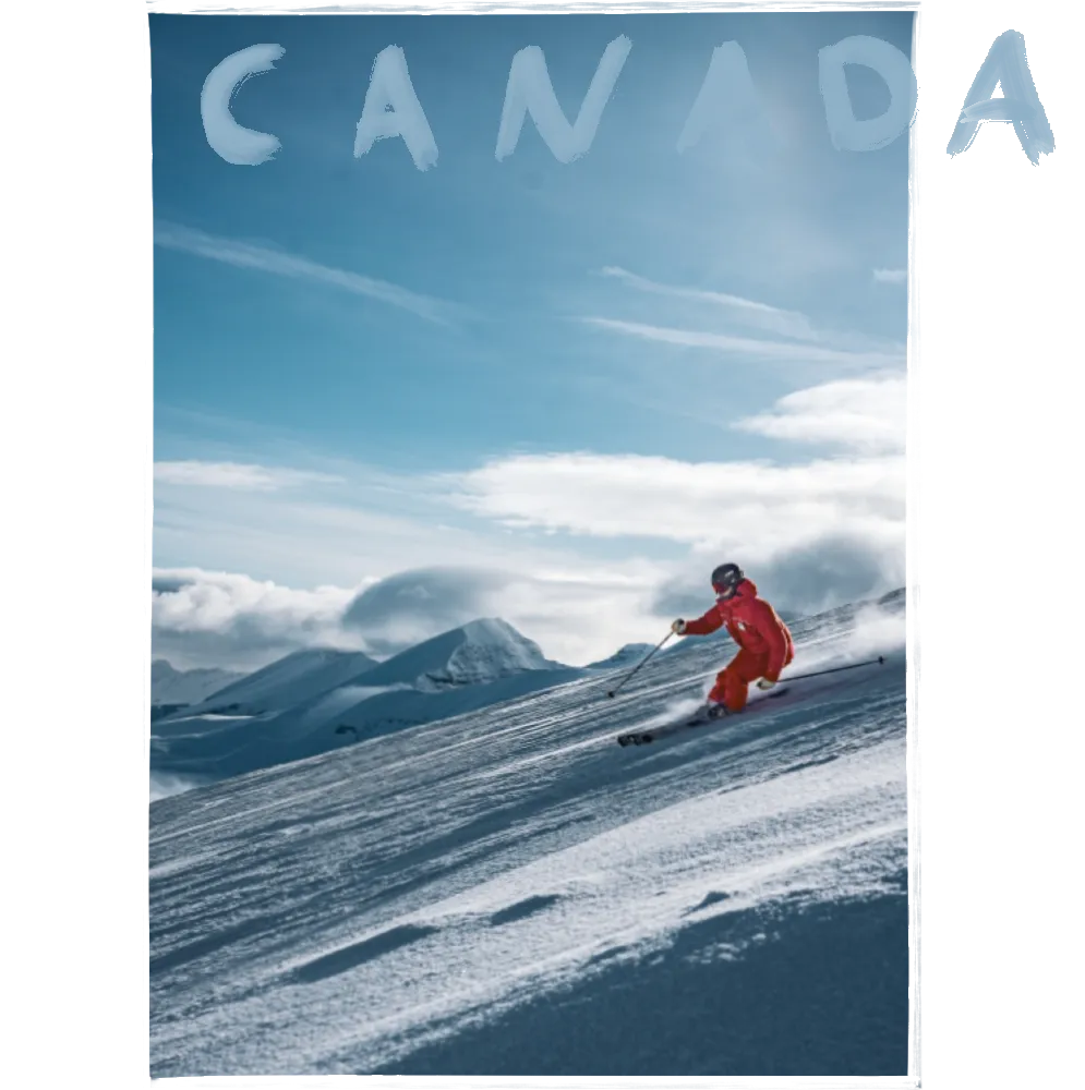 A ski instructor in a red suit carving down a run in the Canadian Rockies, set in a hand-drawn frame with CANADA painted across the sky