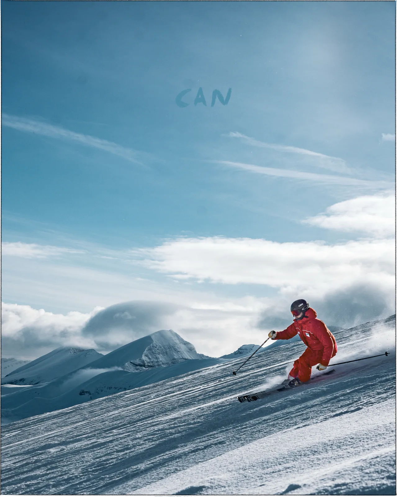 A ski instructor in a red suit carving down a run in the Canadian Rockies, set in a hand-drawn frame with CANADA painted across the sky